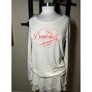 Bombshell Graphic Ruffle Hem Long Sleeve Top White Pink Slub Knit Tee